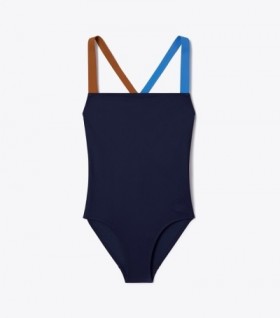 Women's Tory Burch Colorblock Tank Swimsuit Navy / Dark