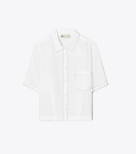 Women's Tory Burch Linen Camp Shirts White