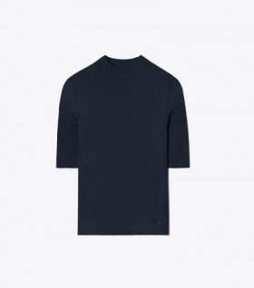 Women's Tory Burch Ribbed Short-sleeve Mockneck Sweaters Navy