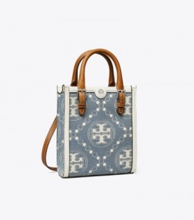 Women's Tory Burch Mini T Monogram Denim Tote Bags Blue