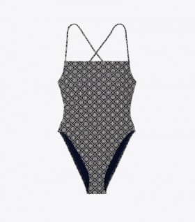 Women's Tory Burch Printed Tie-back One-piece Swimsuit Navy