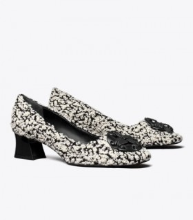 Women's Tory Burch Woven Double T Pump Heels Black White Black