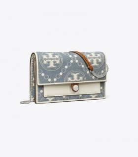 Women's Tory Burch T Monogram Denim Wallet Crossbody Mini Bags Blue