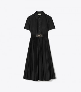 Women's Tory Burch Poplin Pleated Shirt Dress Black