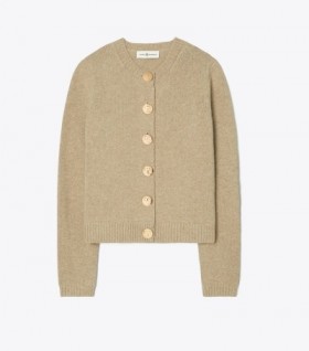 Women's Tory Burch Logo Button Wool Cardigan Sweaters Beige