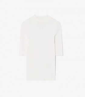 Women's Tory Burch Ribbed Short-sleeve Mockneck Sweaters White