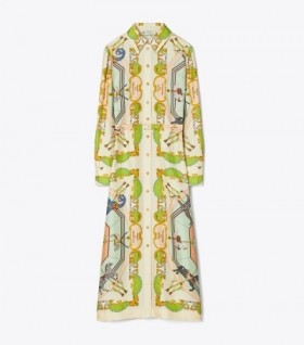 Women's Tory Burch Printed Silk Shirt Dress Coral Multicolor