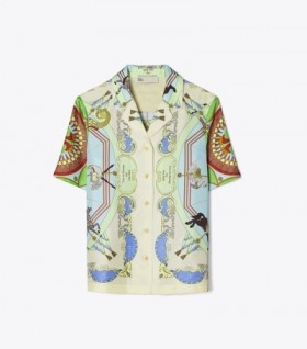 Women's Tory Burch Printed Silk Shirt Shirts Blue Multicolor