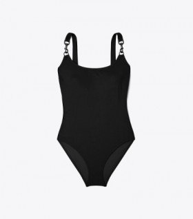 Women's Tory Burch Clip Tank Swimsuit, Black Hardware Swimsuit Black