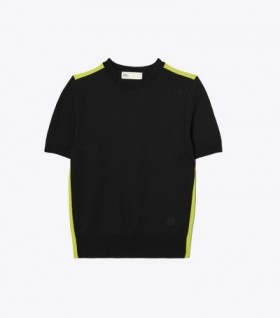 Women's Tory Burch Merino Double Stripe Short Sleeve Sweaters Black