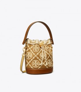  Női Tory Burch T Monogram hímzett Raffia Mini Vödörtáskák Arany