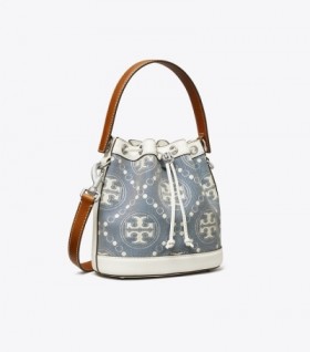  Borse a secchiello in denim con monogramma T di Tory Burch da donna blu