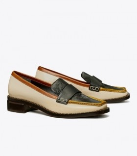  Mocassini quadrati anni '70 Tory Burch da donna neri crema marrone