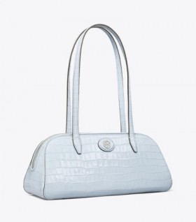  Dame Tory Burch Robinson Preget Wedge Satchel Vesker Blå Hvit