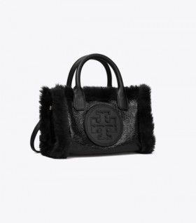  Dame Tory Burch Mini Ella Patent Shearling Tote Bags Svart