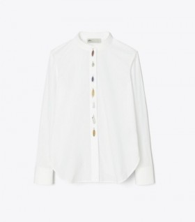  Topuri tunică din popelin cu margele Tory Burch pentru damă, alb