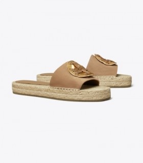  Dam Tory Burch Woven Double T Espadrille Slides Brun