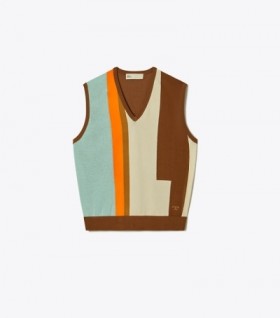  Kadın Tory Burch Colorblock Kazak Yelek Mavi Açık Turkuaz / Krem