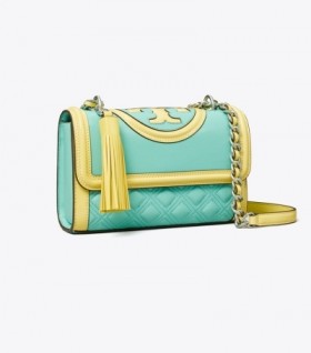  حقيبة كتف نسائية صغيرة قابلة للتحويل من Tory Burch Fleming Patent Border باللون الليموني