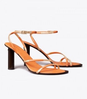  صندل Tory Burch Split Mignon بكعب عالٍ وأشرطة باللون البرتقالي والذهبي الوردي للنساء