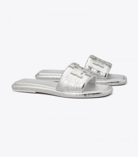  Dame Tory Burch Double T Sport Slides Sølv