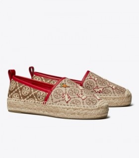  Dames Tory Burch T Monogram Rabbit Geborduurde Espadrilles Rood